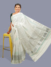 Womens Kerala Tissue Printed Silver Jari Border Saree OKS28 Onam Collection