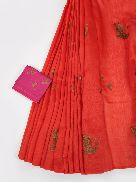 Bhagalpuri Jute Embroidery Saree Red BJS39