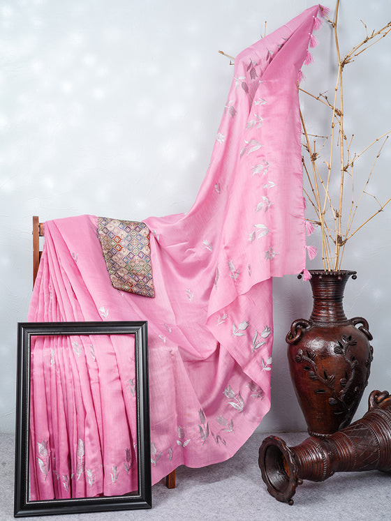 Bhagalpuri Jute Flower Embroidery Saree Pink BJS29