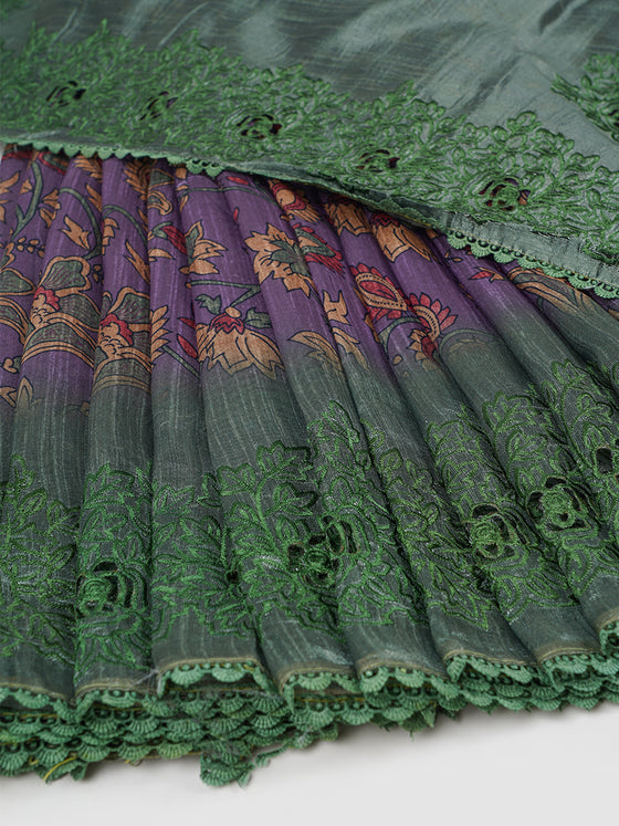 Semi Raw Silk Purple and Green Printed Saree with Embroidered Border SRS22