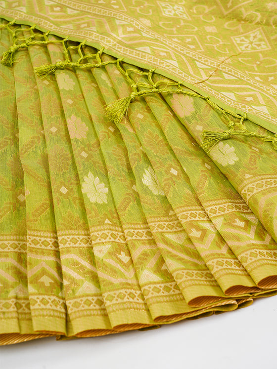 Stylish Flower Design Green & Sandal Semi Kora Cotton Saree SK72