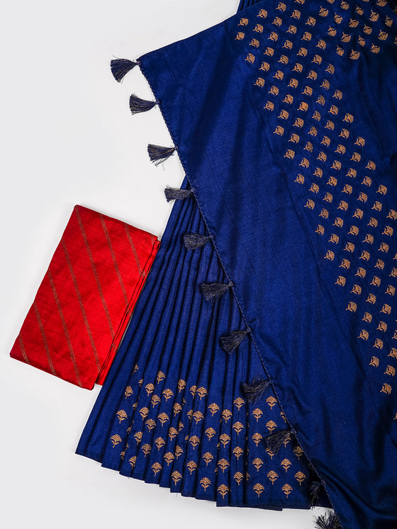Semi Tussar Flower Embroidery Navy Colour Saree ST82
